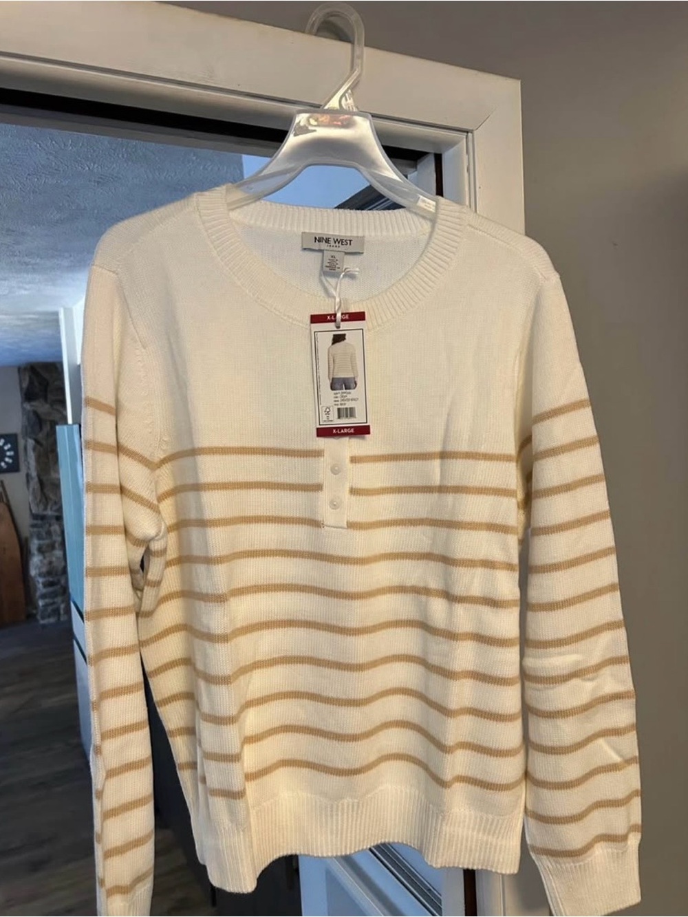 Nine West Cream & Tan Striped Henley Sweater Women’s XL NWT